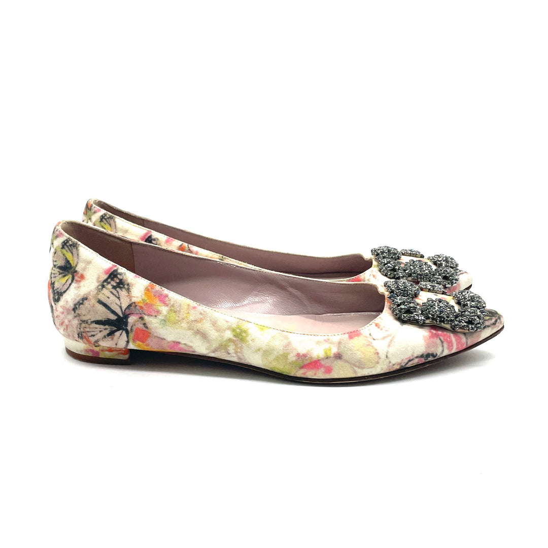 Flats Manolo Blahnik White Butterfly Print Satin Hangisi T.35
